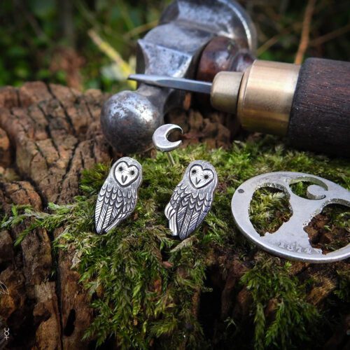 Barn owl earrings - handcrafted and recycled sterling silver shilling.