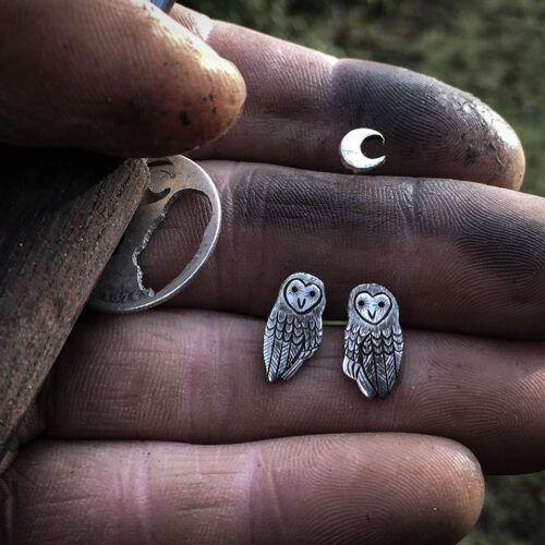 Barn owl earrings - handcrafted and recycled sterling silver shilling.