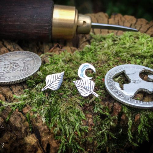 Silver Birch leaf earrings handcrafted using traditional hand tools and techniques. Handmade from recycled silver shillings.