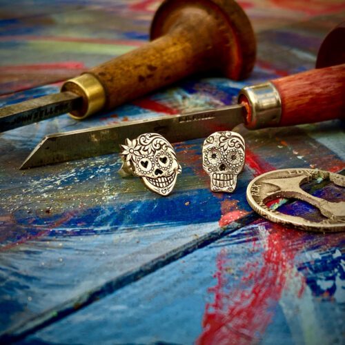 Day of the dead skull earrings - handmade and recycled sterling silver shilling coin.