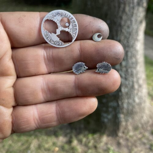 handmade recycled silver coin hedgehog earrings