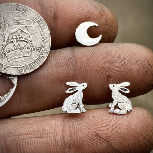 Moon gazing hare earrings - handmade and recycled sterling silver shilling coin.