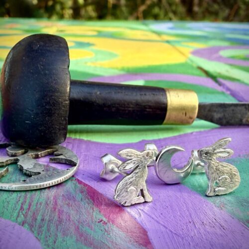 Moon gazing hare earrings - handmade and recycled sterling silver shilling coin.
