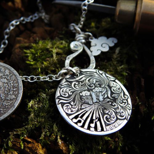 Aeolus the god of wind hand cut coin necklace