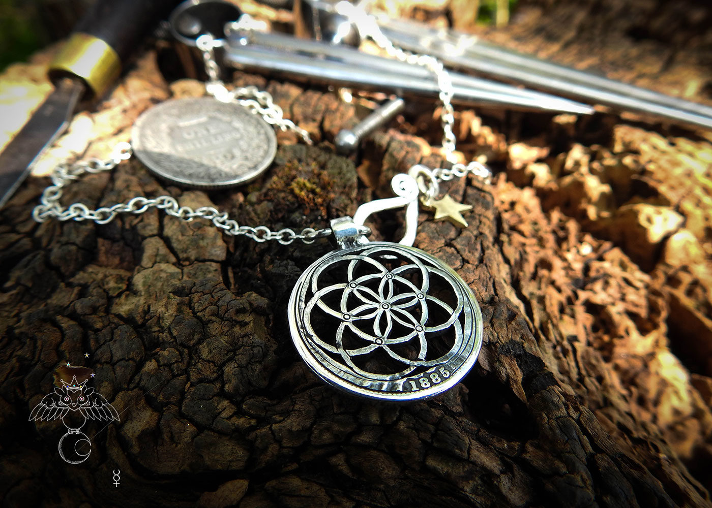 Sacred geometry jewellery - Handcrafted and recycled silver Victorian shilling.
