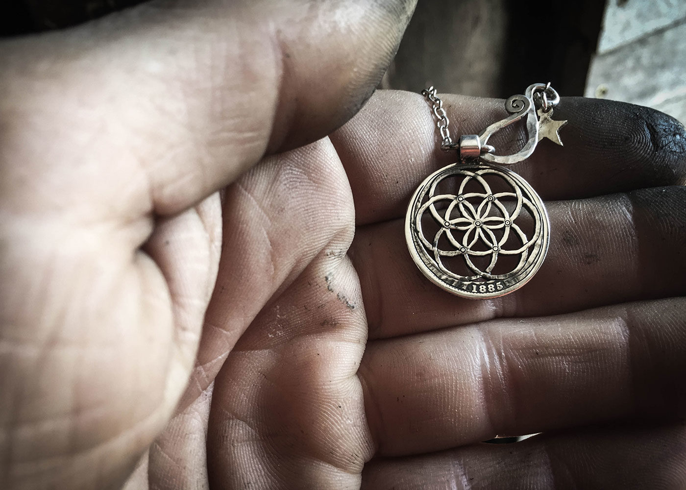 Sacred geometry jewellery - Handcrafted and recycled silver Victorian shilling.