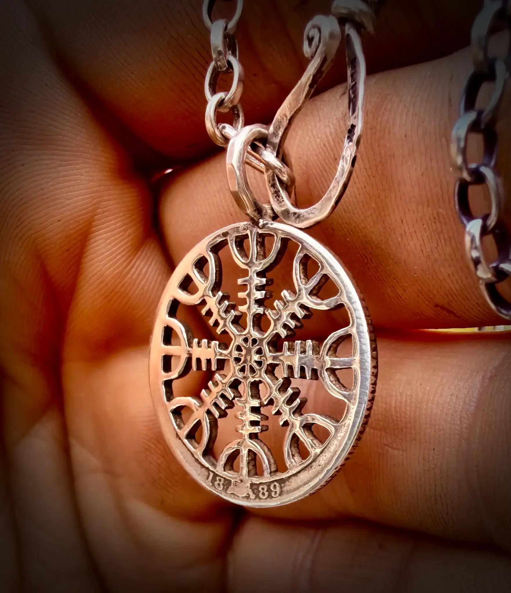 Helm of Awe necklace - Recycled 100 year old silver shilling coin
