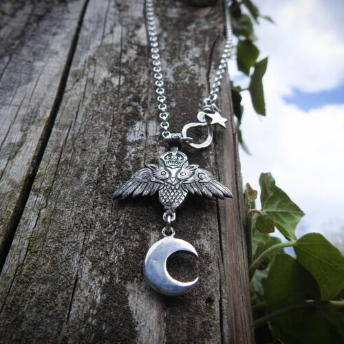 Owl necklace handcrafted and recycled original hairy growler design. Ethical jewellery made by an indepentant jewellers artisan studio. All themes and collections work in harmony with nature.