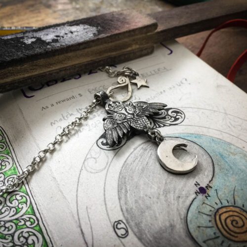 Owl necklace handcrafted and recycled original hairy growler design. Ethical jewellery made by an indepentant jewellers artisan studio. All themes and collections work in harmony with nature.