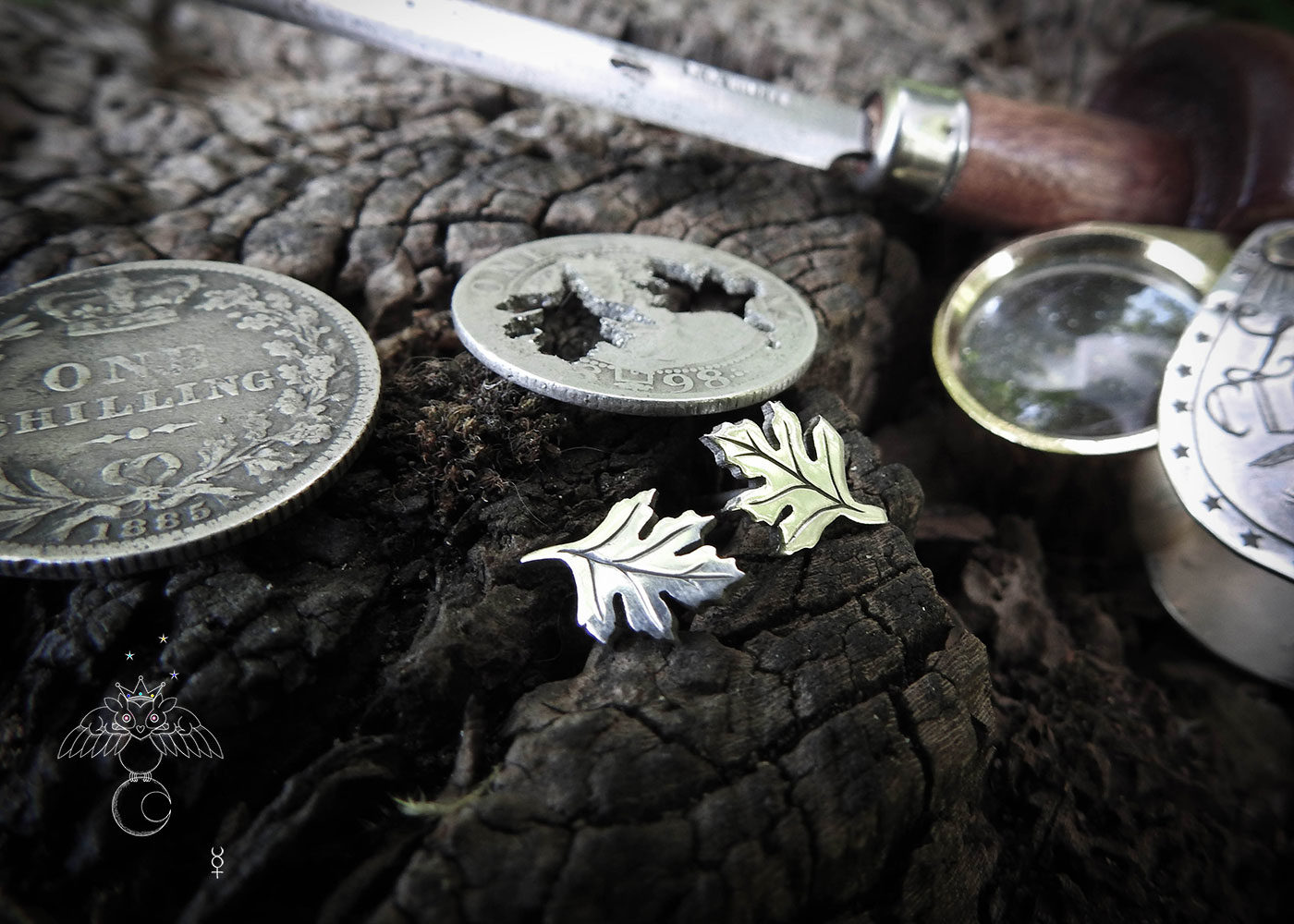May Tree earrings - Hawthorn leaf stud earrings handcrafted and recycled from a 100 year old silver shilling. 