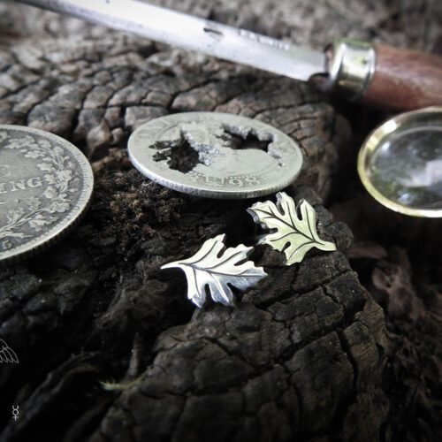May Tree earrings - Hawthorn leaf stud earrings handcrafted and recycled from a 100 year old silver shilling.