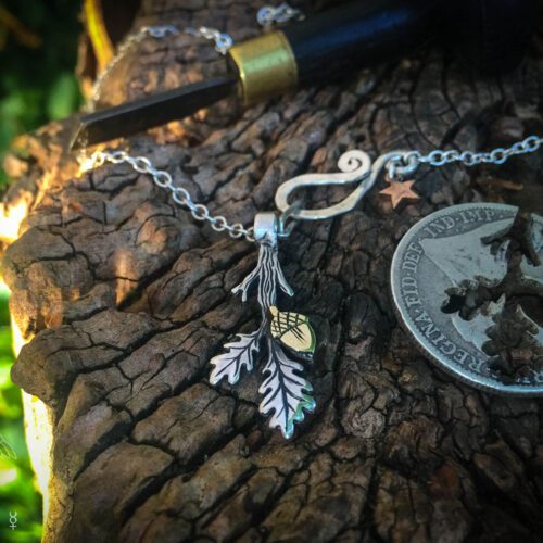 oak leaf necklace handmade from reused silver and bronze coins