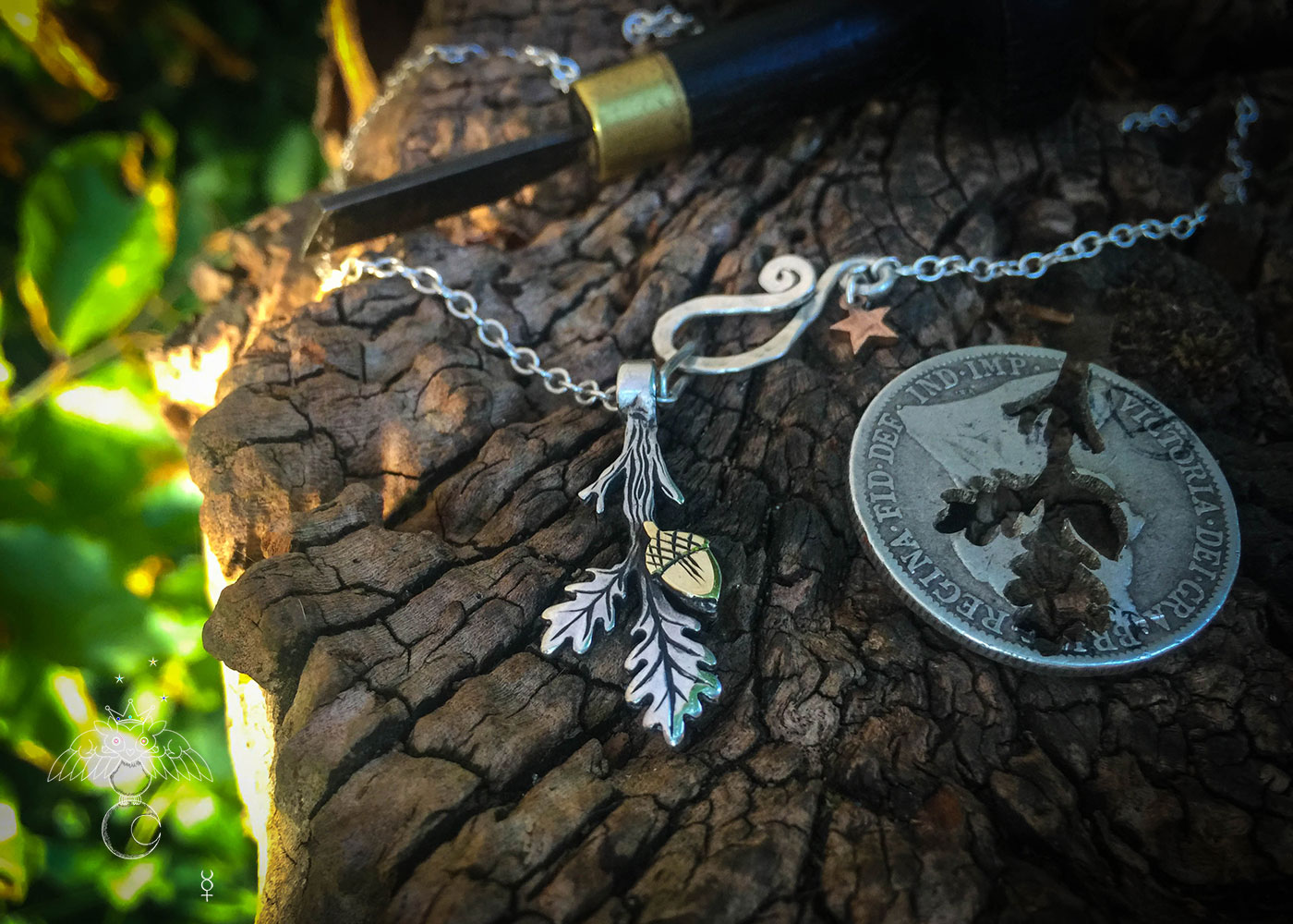 oak leaf necklace handmade from reused silver and bronze coins