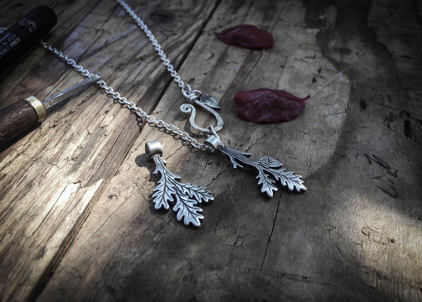 oak leaf necklace handmade from reused silver and bronze coins