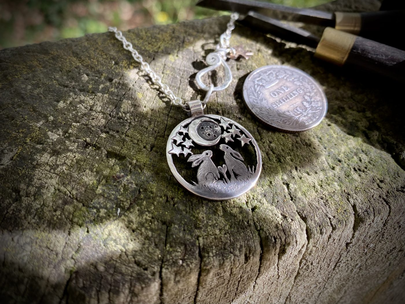 moon gazing magical hare necklace pendant made from old silver coin