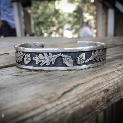 oak leaf and acorn bracelet handmade and recycled ethical eco conscious silver jewellery