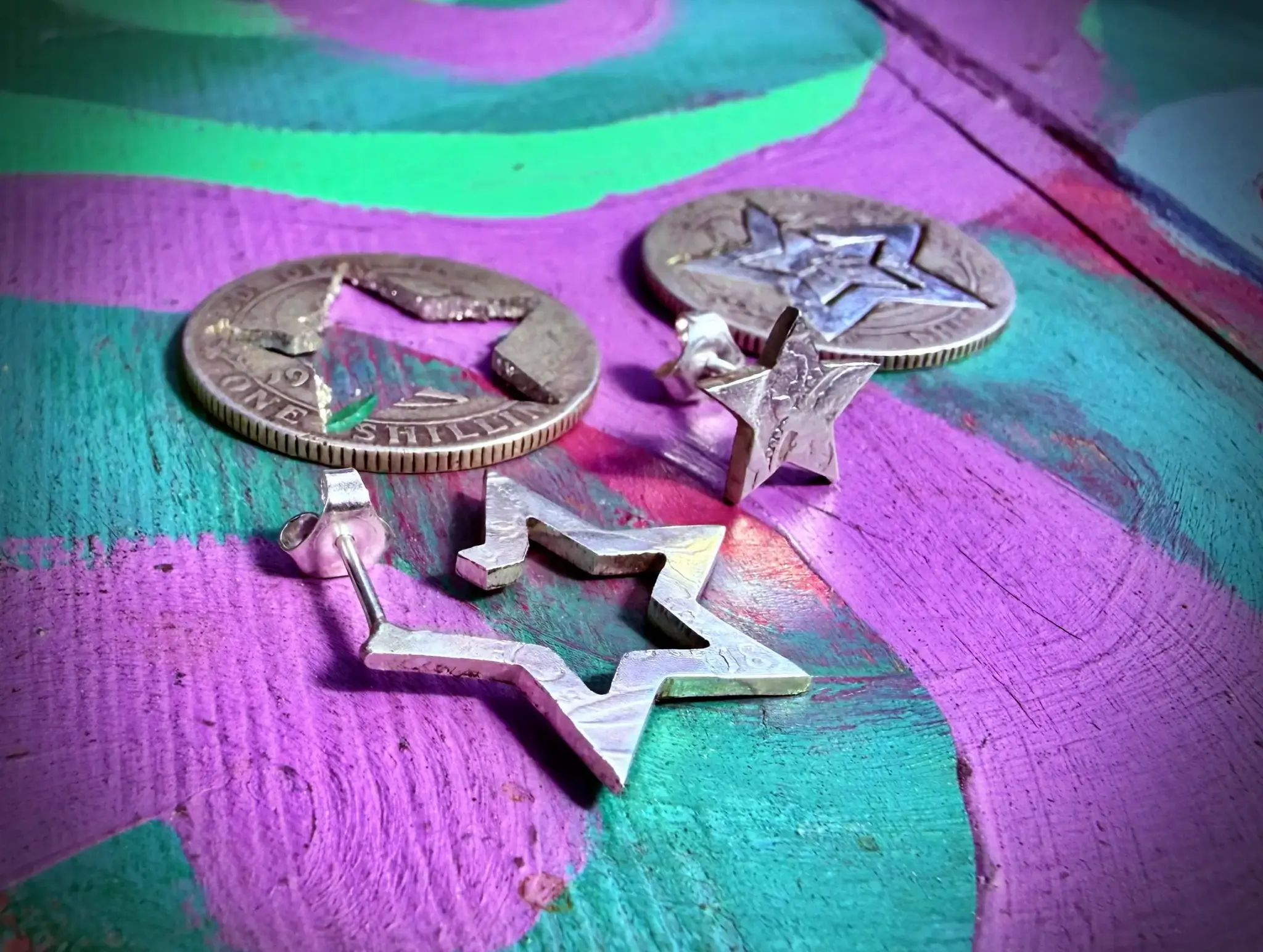 Star earrings handcrafted and recycled silver shilling earrings