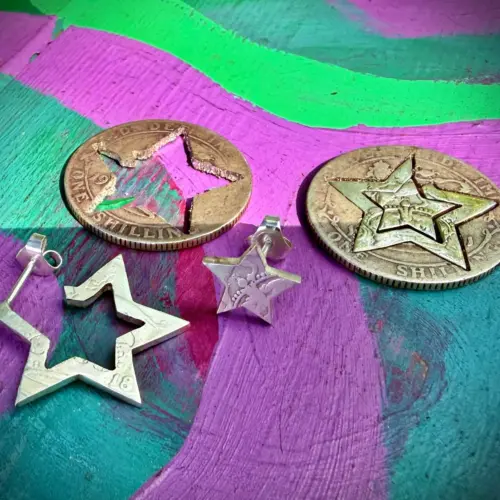 Star earrings handcrafted and recycled silver shilling earrings