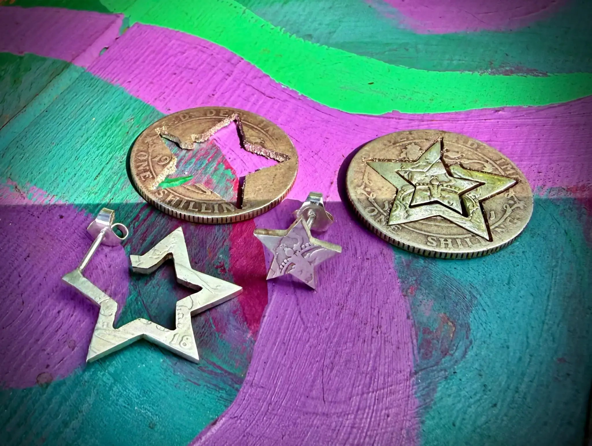 Star earrings handcrafted and recycled silver shilling earrings
