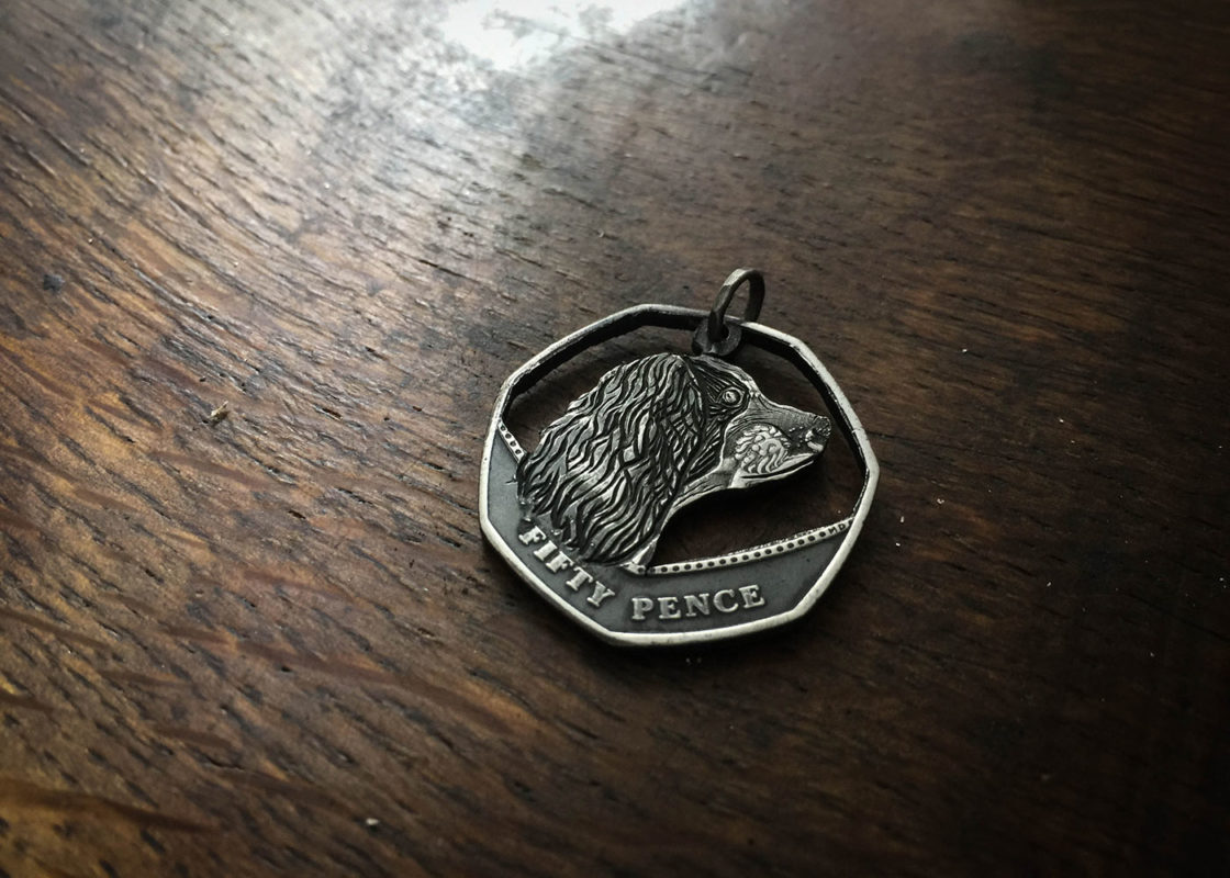Springer Spaniel jewellery handmade from old coins.  Each coin is recycled into a desirable, piece of completely original, Springer Spaniel necklace pendant ☽◯☾.