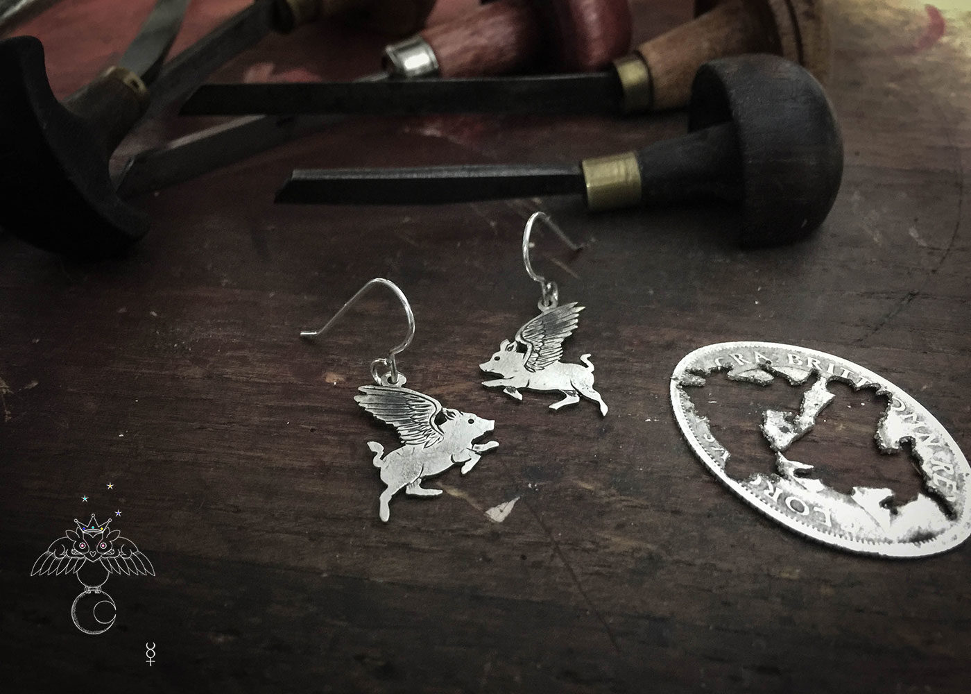 Flying pig earrings - Recycled silver shilling coin