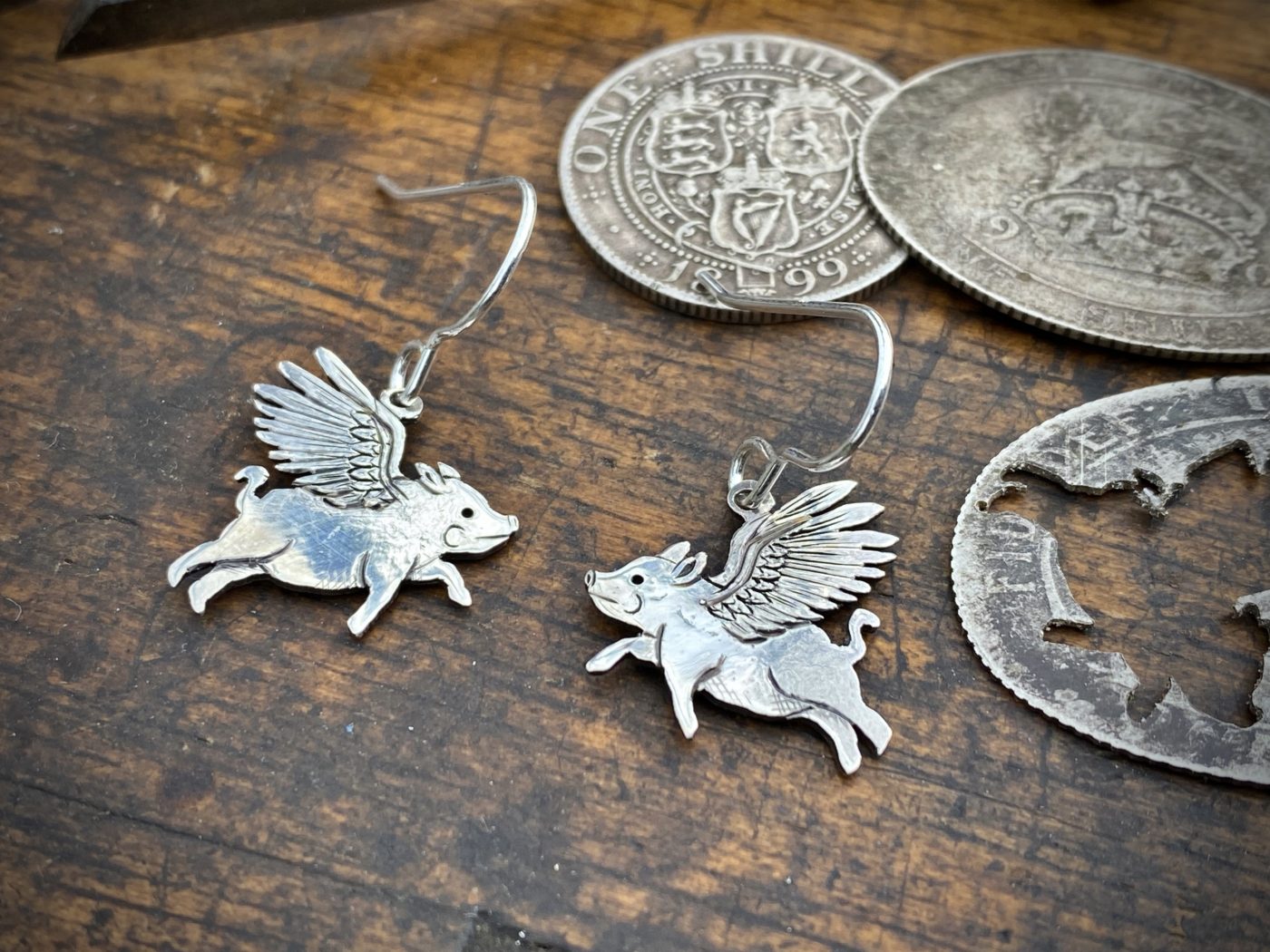 Flying pig earrings - Recycled silver shilling coin