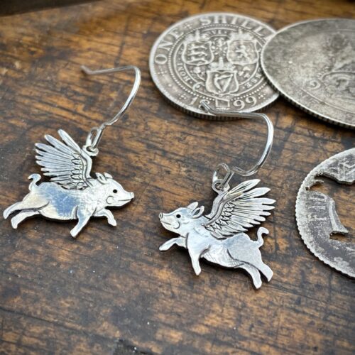 Flying pig earrings - Recycled silver shilling coin