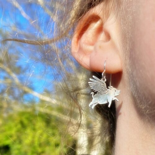 Flying pig earrings - Recycled silver shilling coin