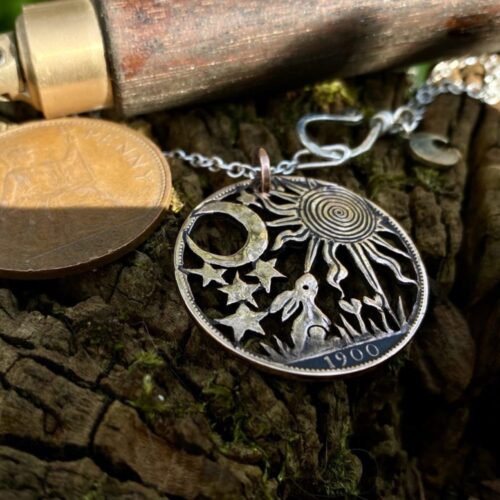 Ostara equinox necklace pendant handmade and recycled penny coin