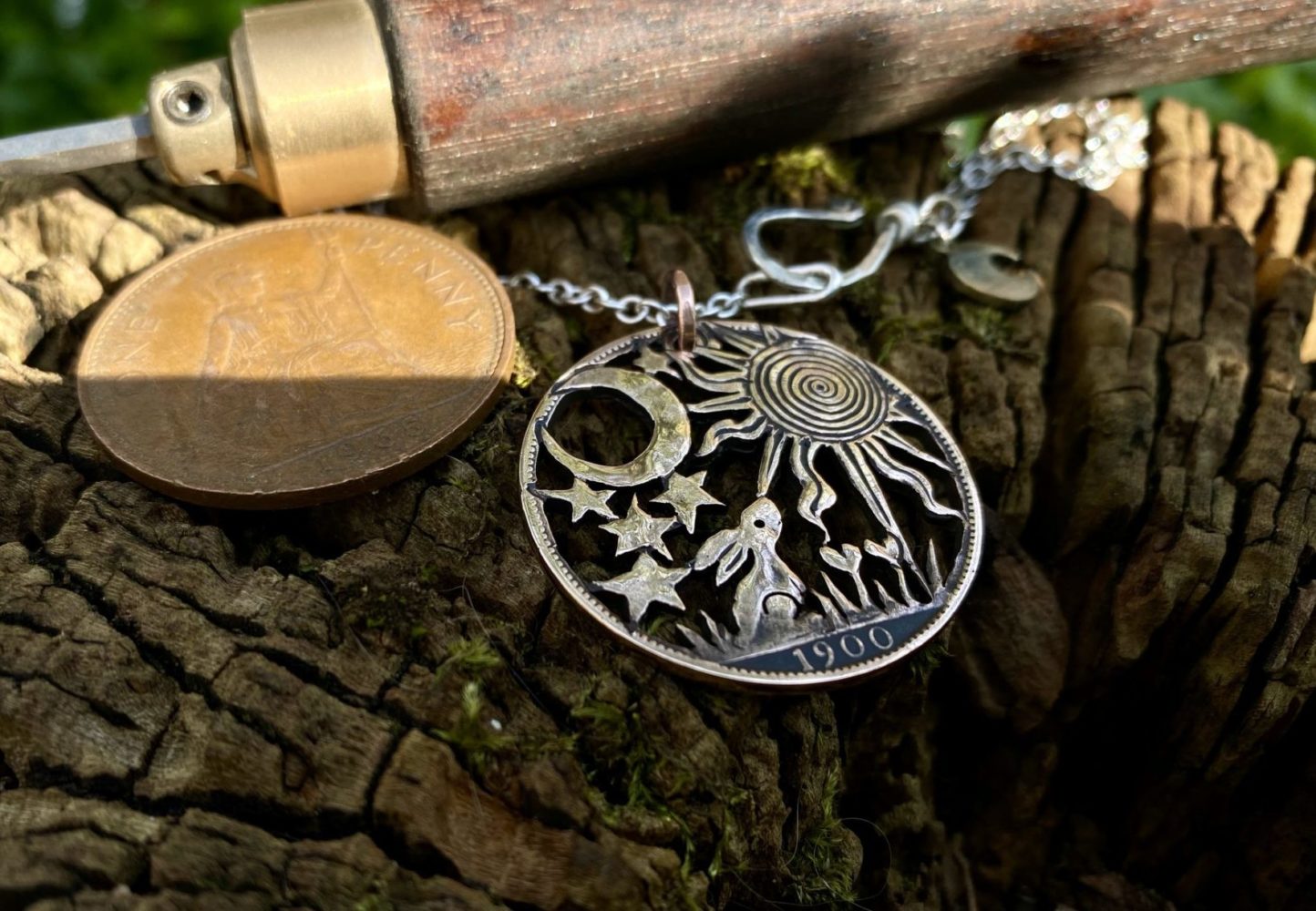 Ostara equinox necklace pendant handmade and recycled penny coin