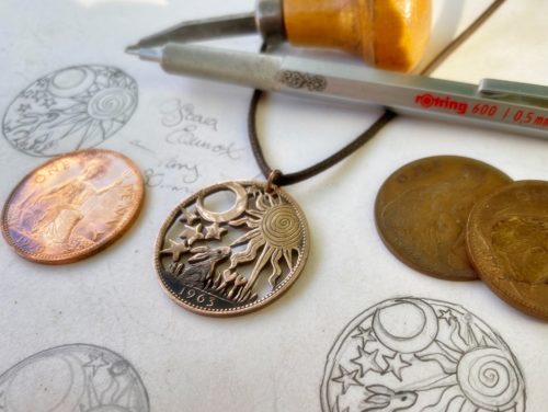 Ostara equinox necklace pendant handmade and recycled penny coin