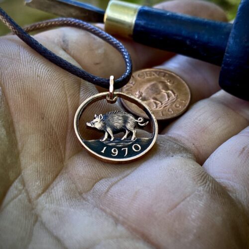 Wild Boar coin necklace - handmade and recycled little 1970's coin