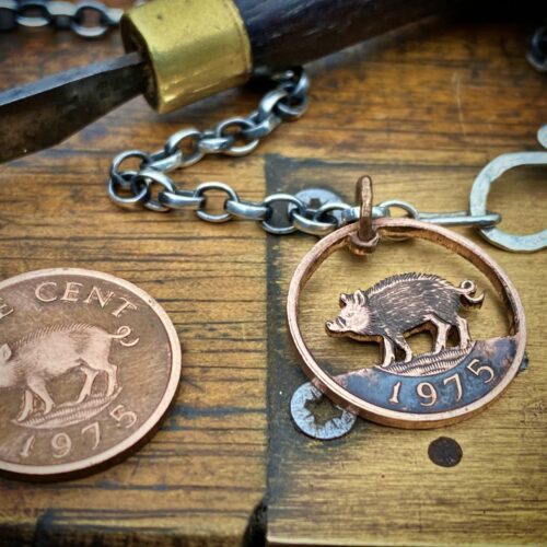 Wild Boar coin necklace - handmade and recycled little 1975 50th birthday gift special coin