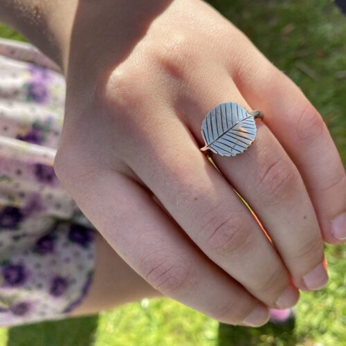 Alder leaf ring handcrafted and repurposed silver shilling rowan leaf ring