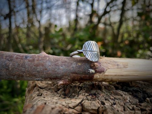Alder leaf ring handcrafted and repurposed silver shilling rowan leaf ring