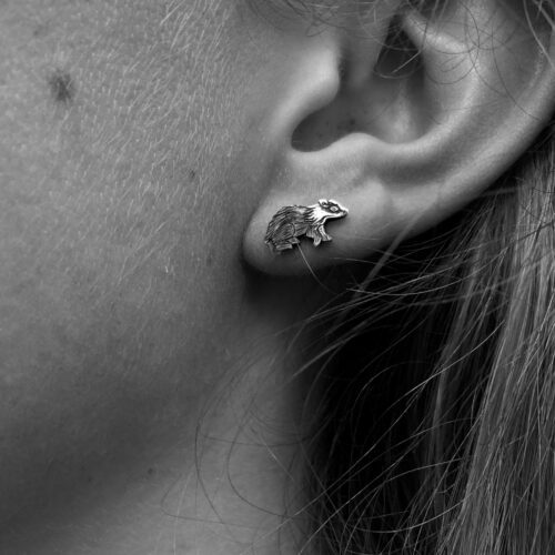 Badger and moon earrings made from recycled silver shillings