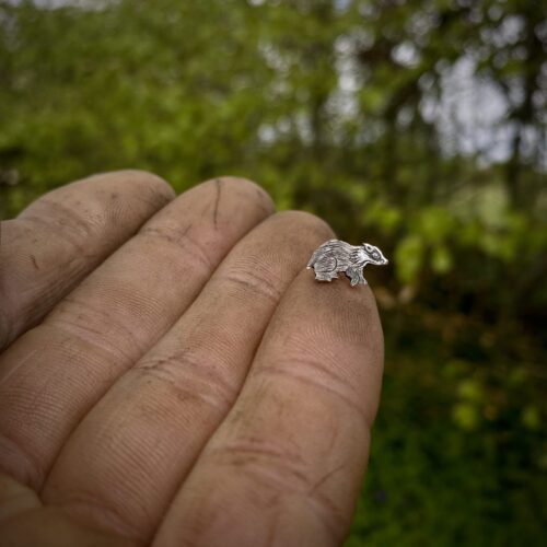 Badger and moon earrings made from recycled silver shillings