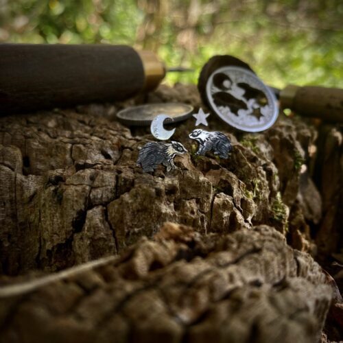Badger and moon earrings made from recycled silver shillings