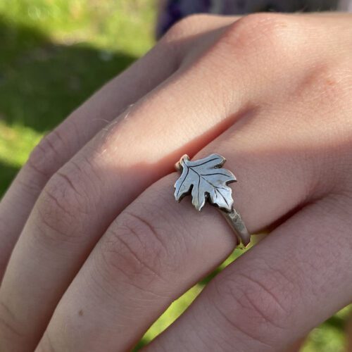 may tree hawthorn leaf ring handmade and recycled silver coin