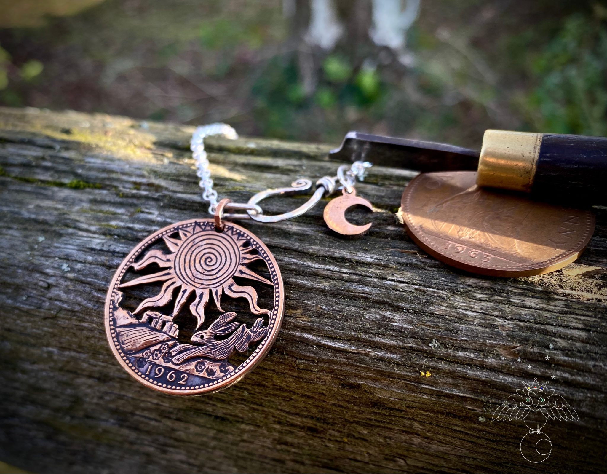 leaping hare litha celebration coin necklace pendant hand cut and carved in Cambridge, England