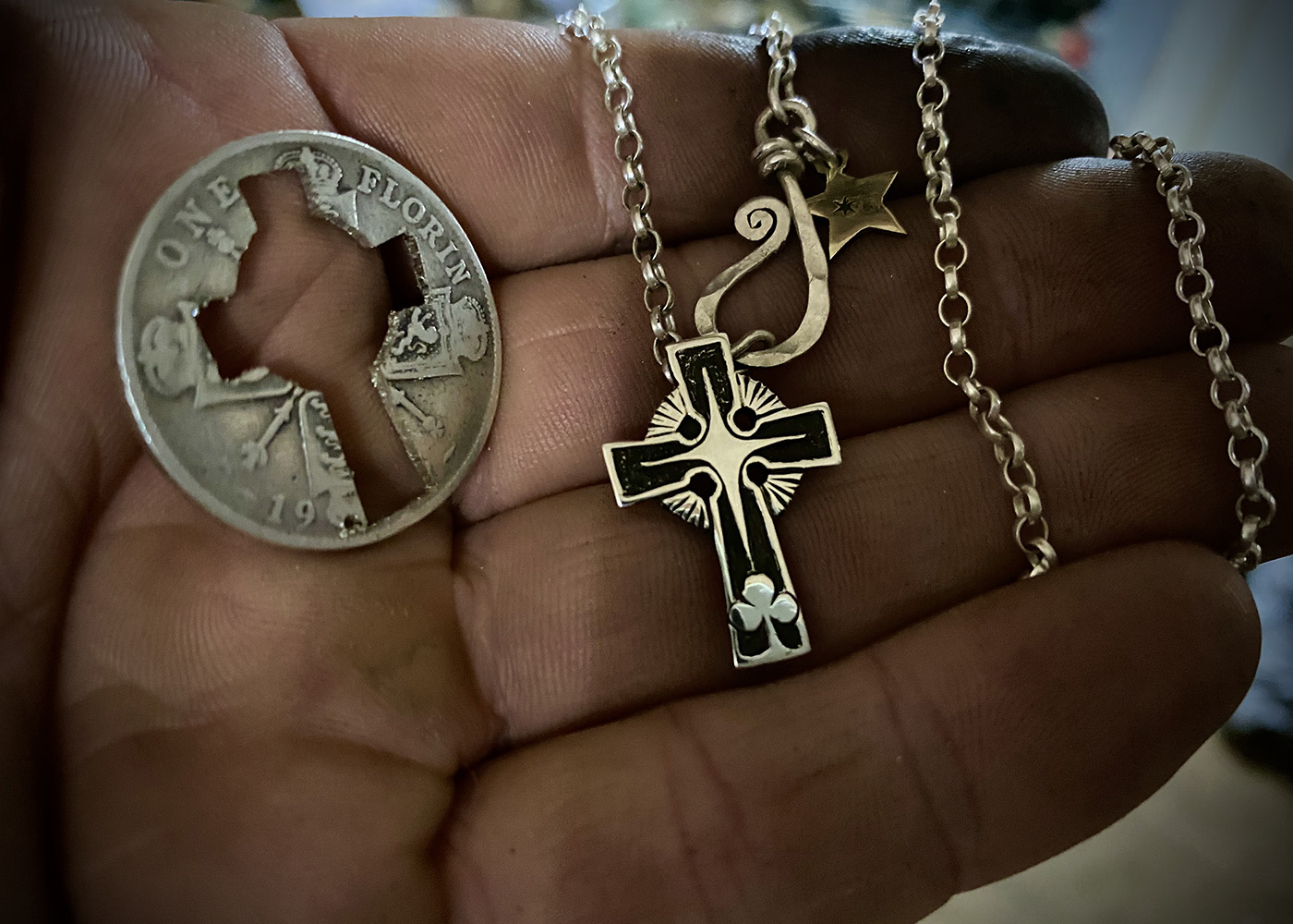 Celtic Cross handmade from silver coin