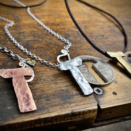 Tory Island Tau cross necklace cut from recycled Irish Penny coin