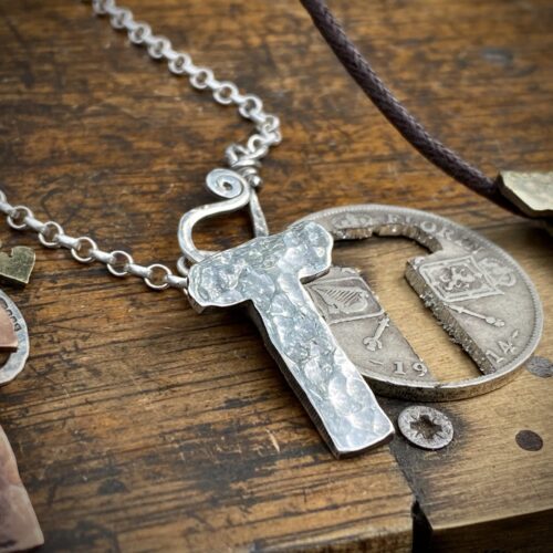 Tory Island Tau cross necklace cut from recycled Irish Penny coin