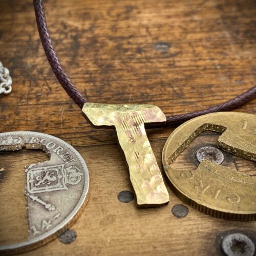 Tory Island Tau cross necklace cut from recycled Irish horse twenty pence coin