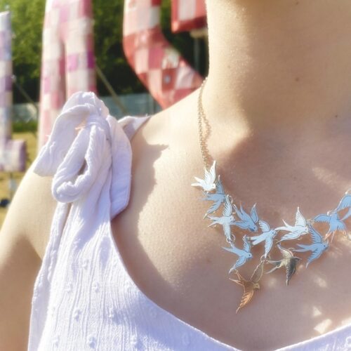 Gorgeous, stylish, eco-friendly, green, ethical and individual. The Hairy Growler silver bird riding girl necklace is meticulously handcrafted in Cambridge, UK.
