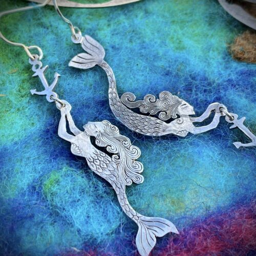 Whispers on the ocean silver coin mermaid earrings