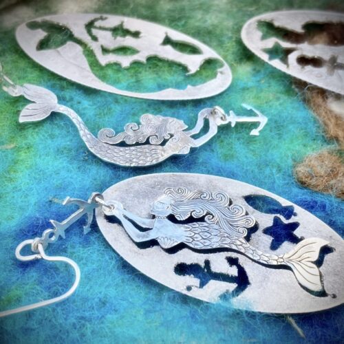 Whispers on the ocean silver coin mermaid earrings