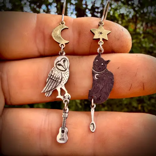 The Owl and the Pussy-Cat earrings handmade silver ethical recycled