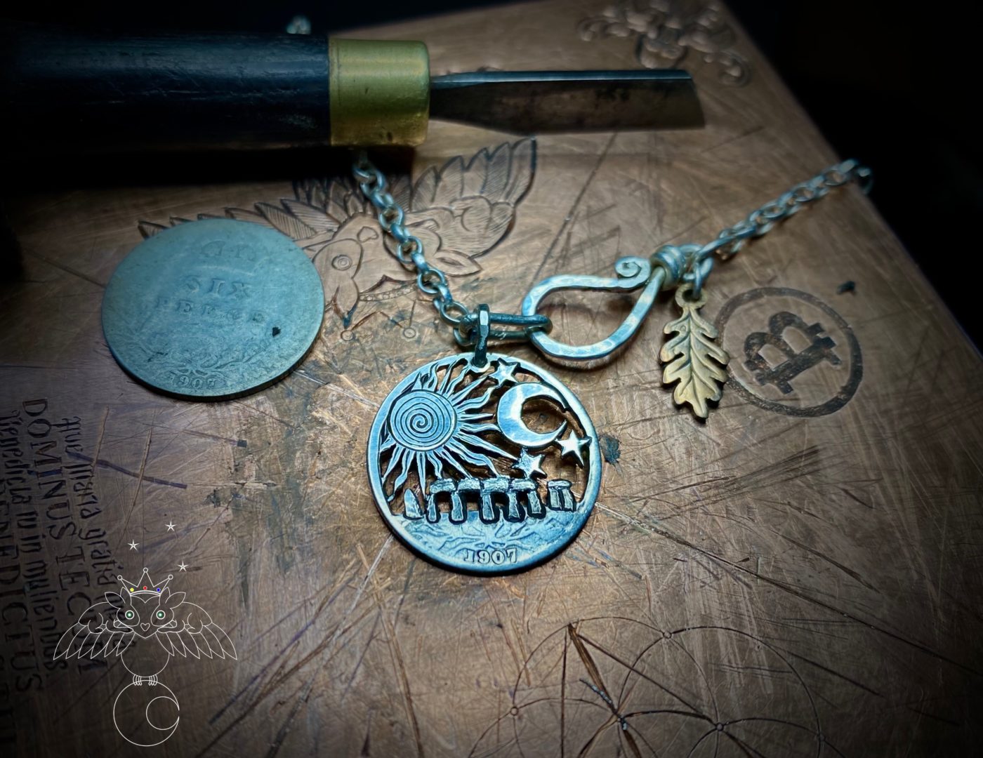 lucky sixpence solstice coin necklace pendant handmade in Cambridge