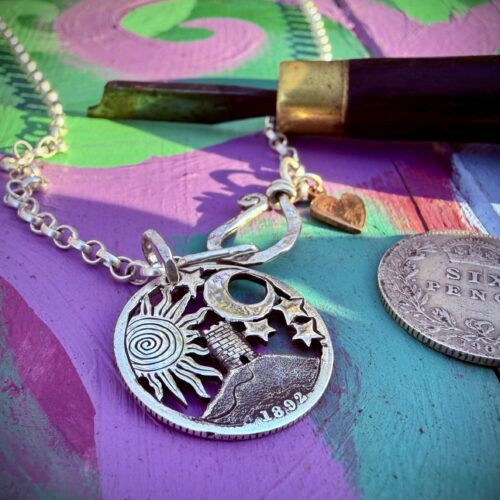 lucky sixpence Glastonbury Tor solstice coin necklace pendant handmade in Cambridge